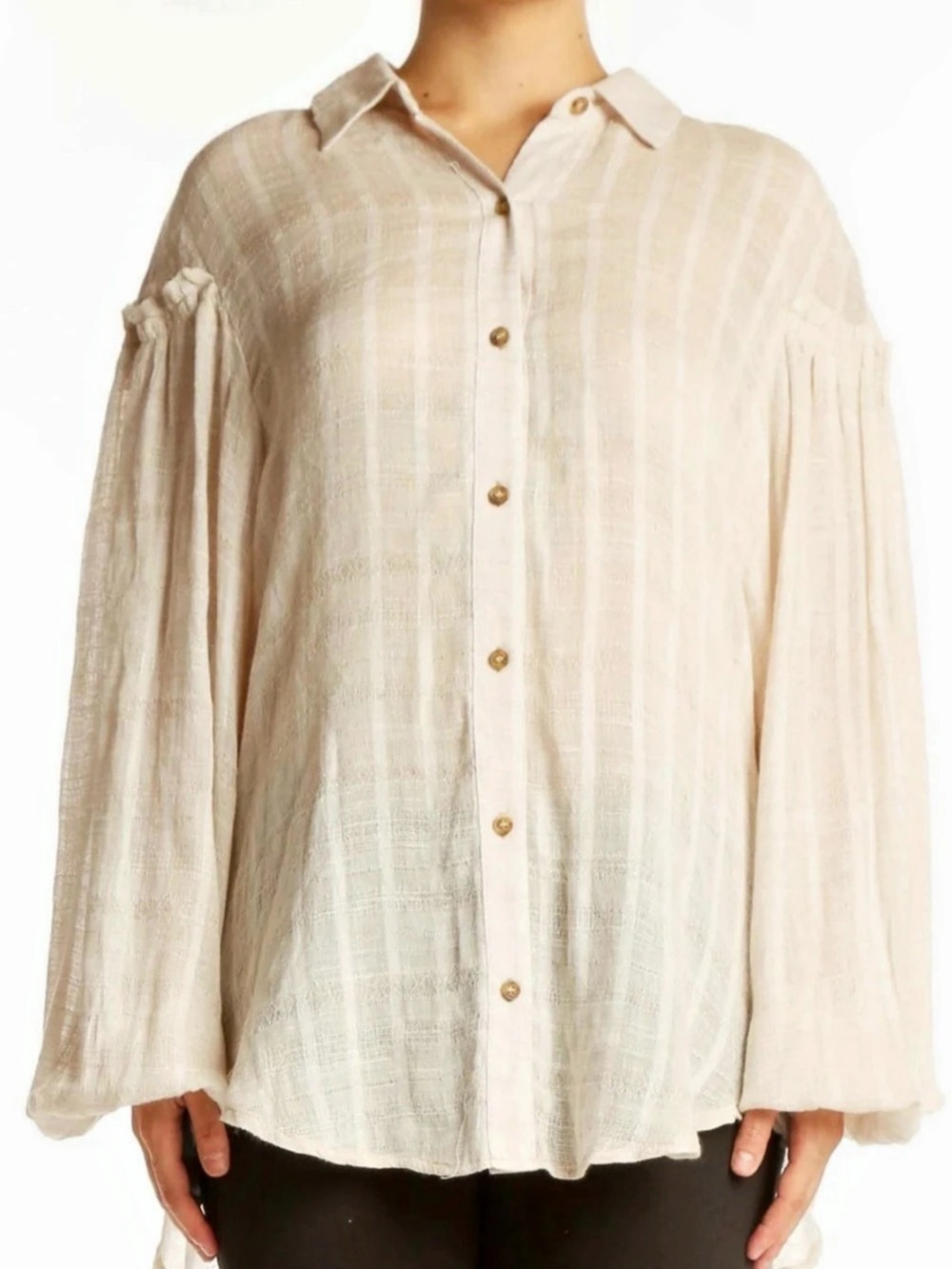 Free People Beige Textured Striped Button Up Blouse - Size L?